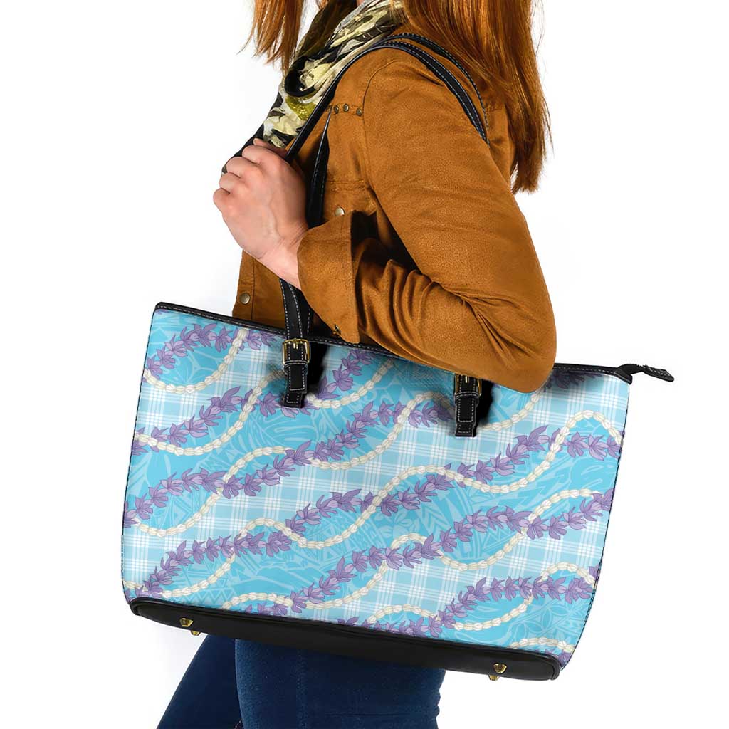 Blue Hawaii Palaka Honohono Pikake Leather Tote Bag Hawaiian Orchid Lei Polynesian Pattern - Polynesian Pride