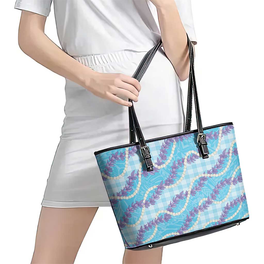 Blue Hawaii Palaka Honohono Pikake Leather Tote Bag Hawaiian Orchid Lei Polynesian Pattern - Polynesian Pride
