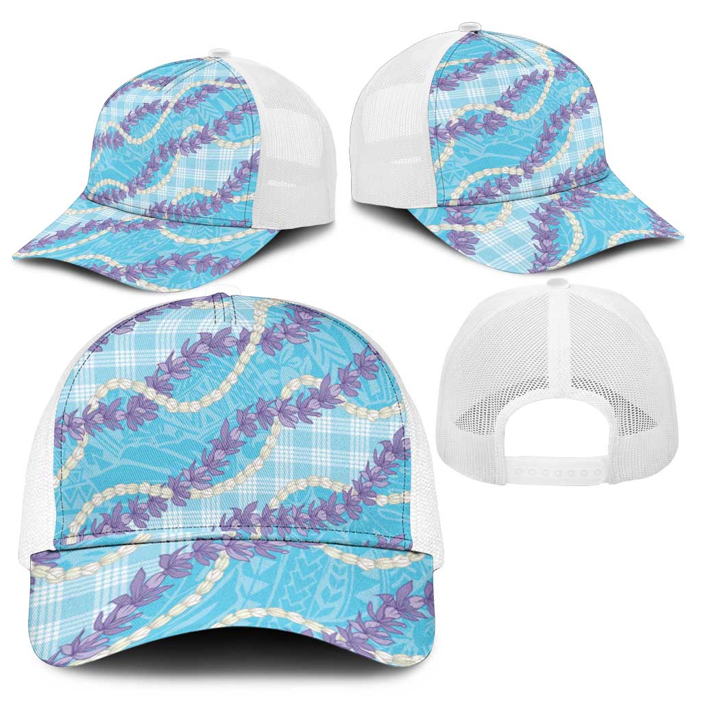 Blue Hawaii Palaka Honohono Pikake Mesh Trucker Cap Hawaiian Orchid Lei Polynesian Pattern - Polynesian Pride