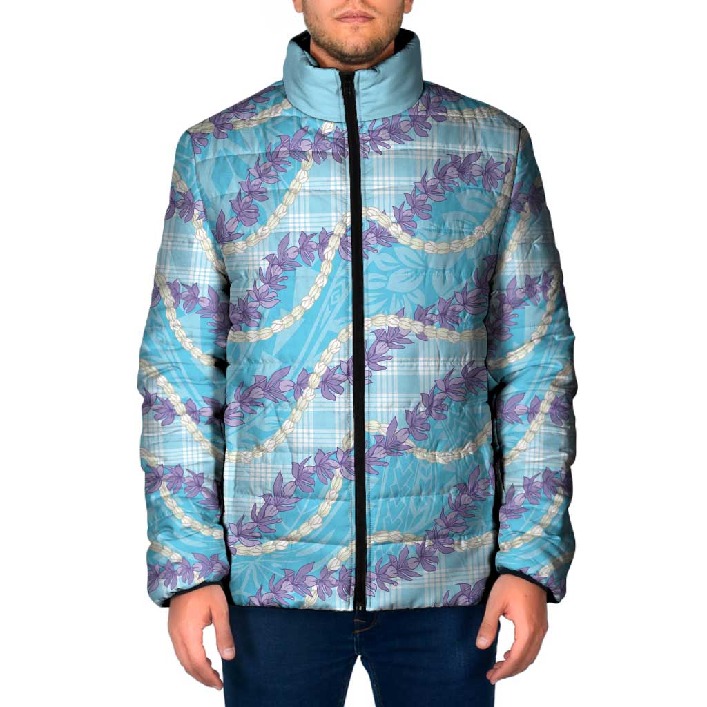 Blue Hawaii Palaka Honohono Pikake Padded Jacket Hawaiian Orchid Lei Polynesian Pattern - Polynesian Pride
