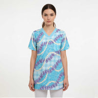 Blue Hawaii Palaka Honohono Pikake Scrub Top Hawaiian Orchid Lei Polynesian Pattern - Polynesian Pride