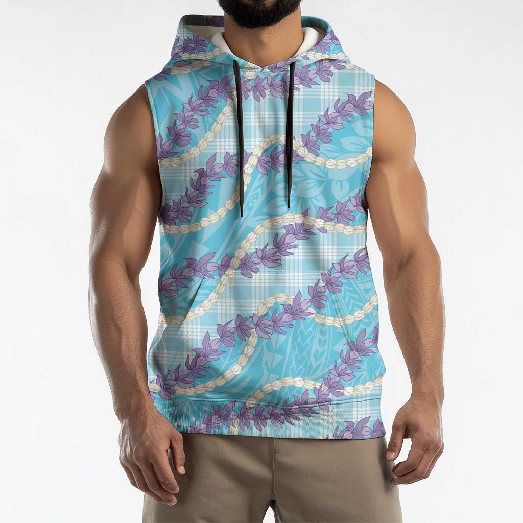 Blue Hawaii Palaka Honohono Pikake Sleeveless Hoodie Hawaiian Orchid Lei Polynesian Pattern - Polynesian Pride