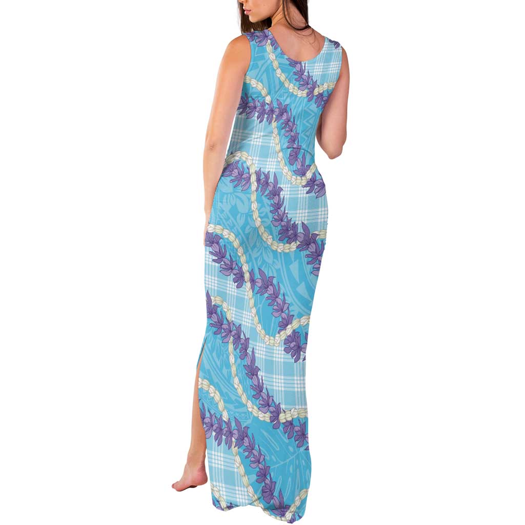 Blue Hawaii Palaka Honohono Pikake Tank Maxi Dress Hawaiian Orchid Lei Polynesian Pattern - Polynesian Pride
