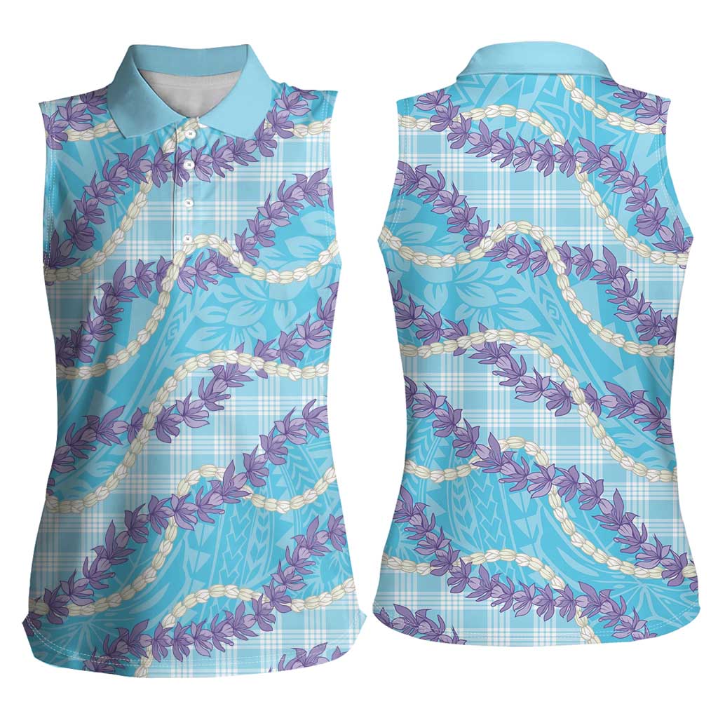Blue Hawaii Palaka Honohono Pikake Women Sleeveless Polo Shirt Hawaiian Orchid Lei Polynesian Pattern - Polynesian Pride