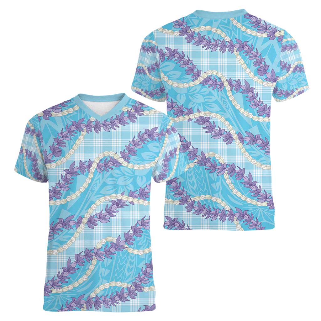 Blue Hawaii Palaka Honohono Pikake Women V-Neck T-Shirt Hawaiian Orchid Lei Polynesian Pattern - Polynesian Pride