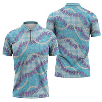 Blue Hawaii Palaka Honohono Pikake Zipper Polo Shirt Hawaiian Orchid Lei Polynesian Pattern - Polynesian Pride