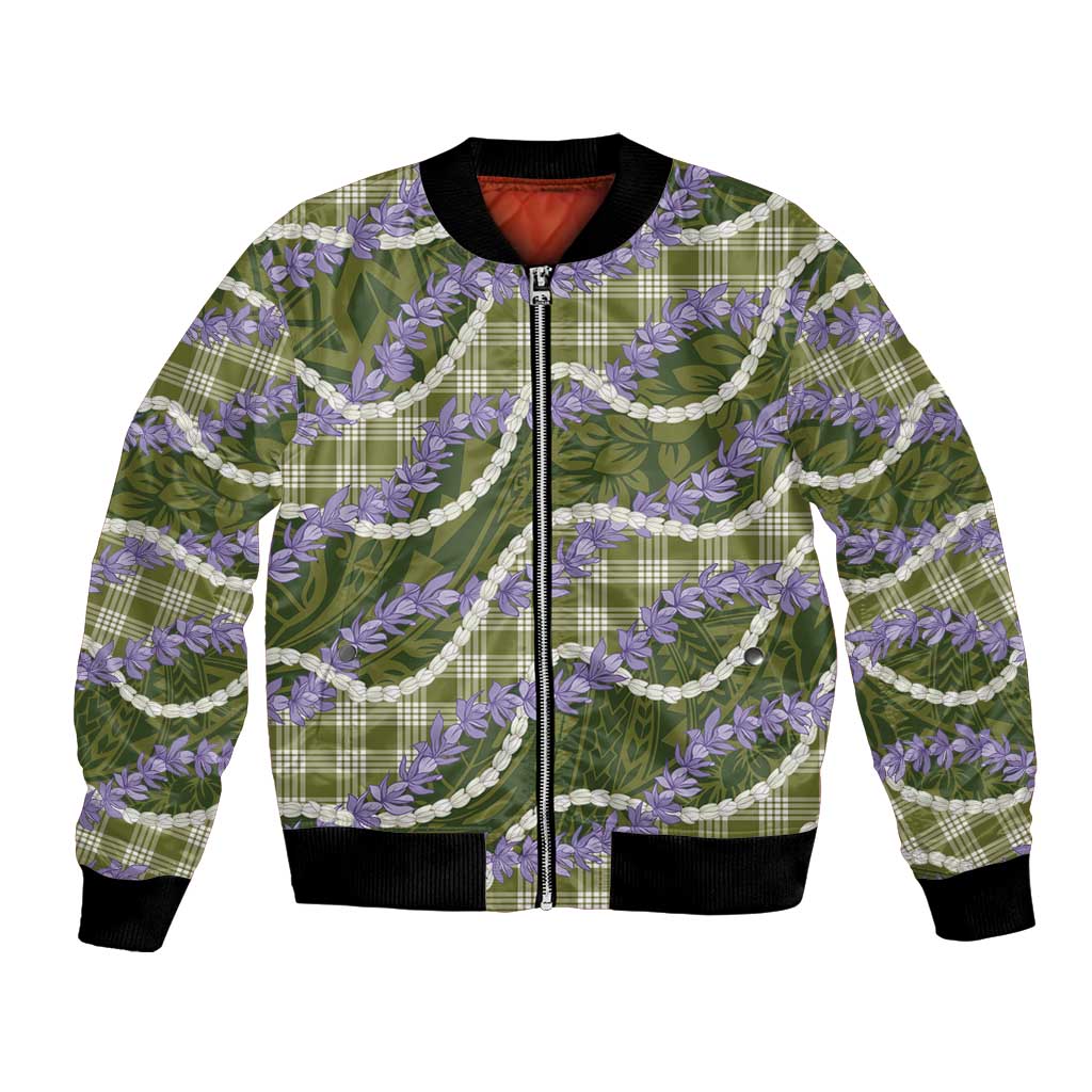 Green Hawaii Palaka Honohono Pikake Bomber Jacket Hawaiian Orchid Lei Polynesian Pattern - Polynesian Pride