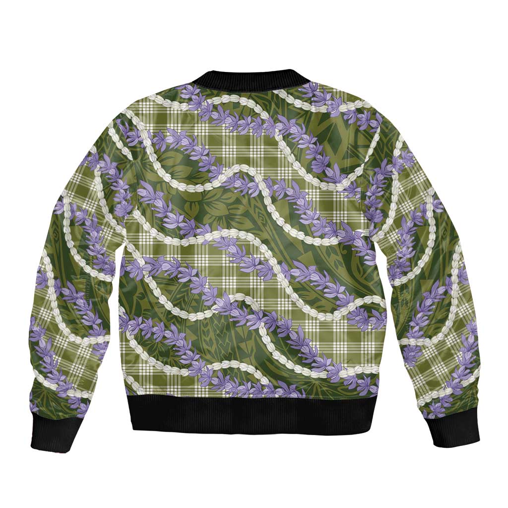 Green Hawaii Palaka Honohono Pikake Bomber Jacket Hawaiian Orchid Lei Polynesian Pattern - Polynesian Pride