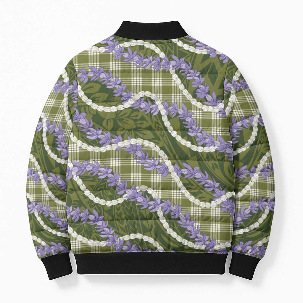 Green Hawaii Palaka Honohono Pikake Bomber Puffer Jacket Hawaiian Orchid Lei Polynesian Pattern - Polynesian Pride