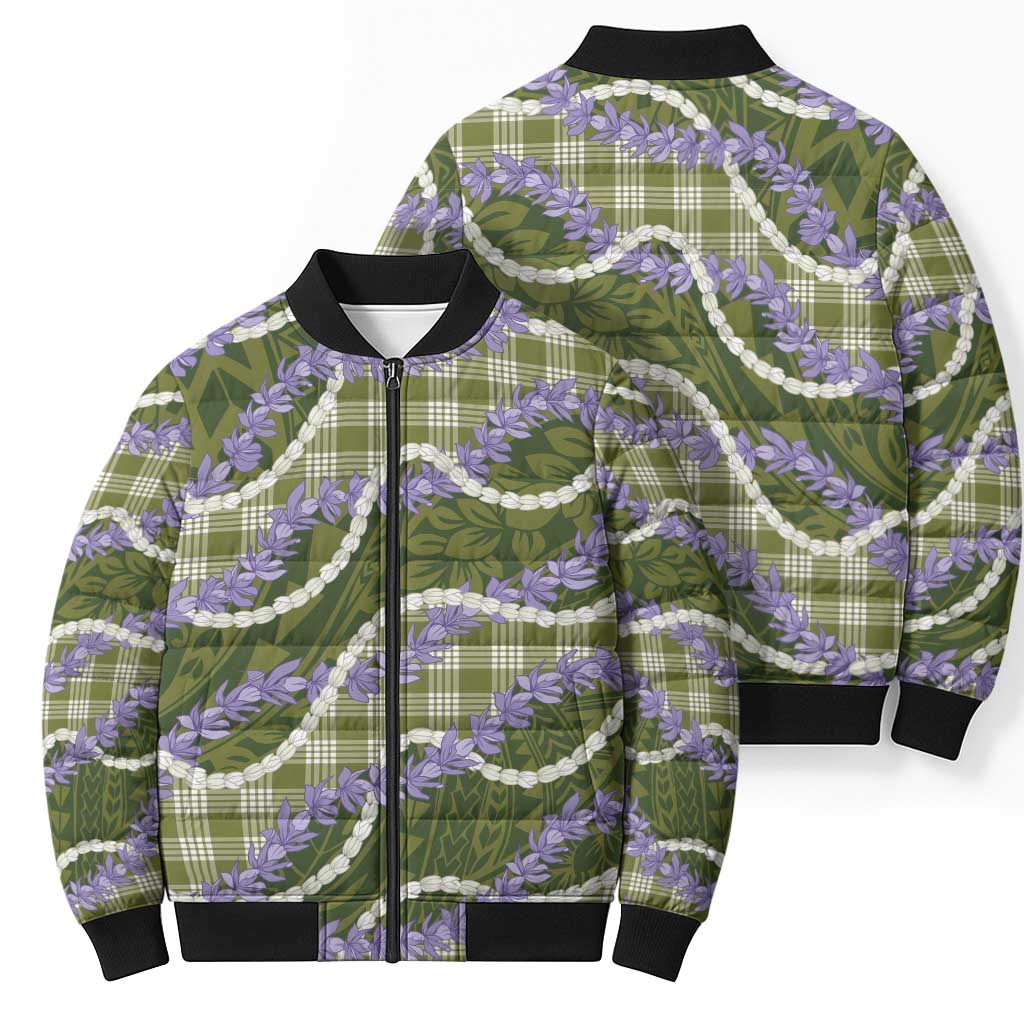 Green Hawaii Palaka Honohono Pikake Bomber Puffer Jacket Hawaiian Orchid Lei Polynesian Pattern - Polynesian Pride