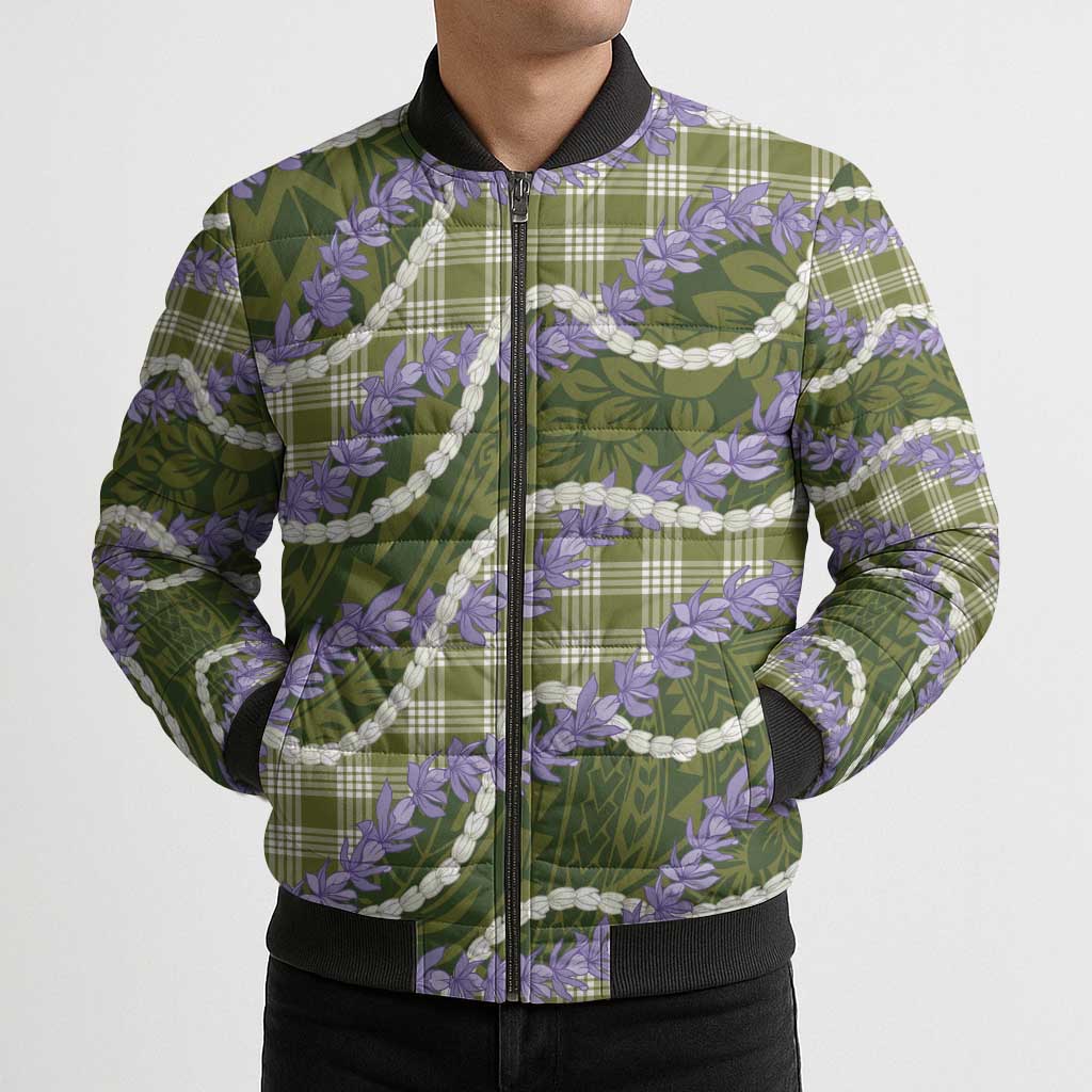 Green Hawaii Palaka Honohono Pikake Bomber Puffer Jacket Hawaiian Orchid Lei Polynesian Pattern - Polynesian Pride
