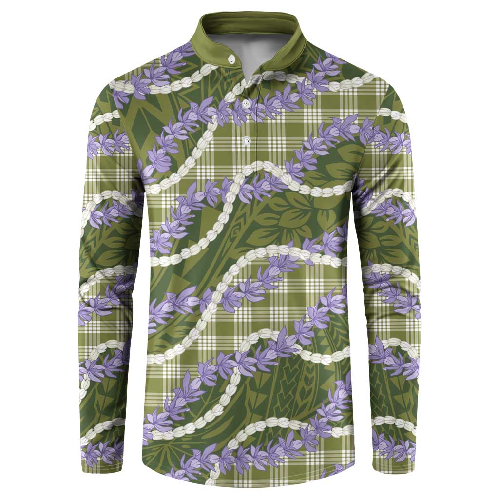 Green Hawaii Palaka Honohono Pikake Button Sweatshirt Hawaiian Orchid Lei Polynesian Pattern - Polynesian Pride