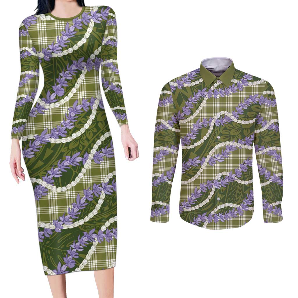 Green Hawaii Palaka Honohono Pikake Couples Matching Long Sleeve Bodycon Dress and Long Sleeve Button Shirt Hawaiian Orchid Lei Polynesian Pattern - Polynesian Pride