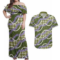 Green Hawaii Palaka Honohono Pikake Couples Matching Off Shoulder Maxi Dress and Hawaiian Shirt Hawaiian Orchid Lei Polynesian Pattern - Polynesian Pride