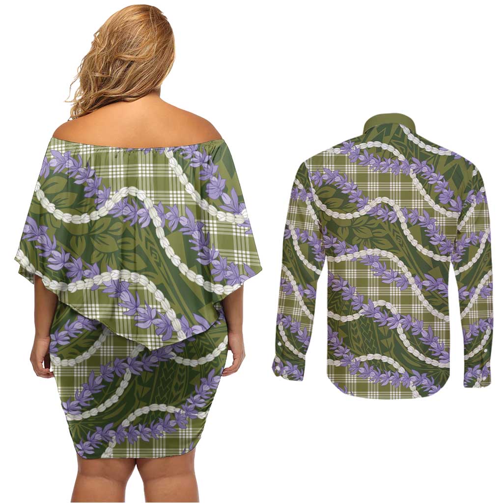 Green Hawaii Palaka Honohono Pikake Couples Matching Off Shoulder Short Dress and Long Sleeve Button Shirt Hawaiian Orchid Lei Polynesian Pattern - Polynesian Pride