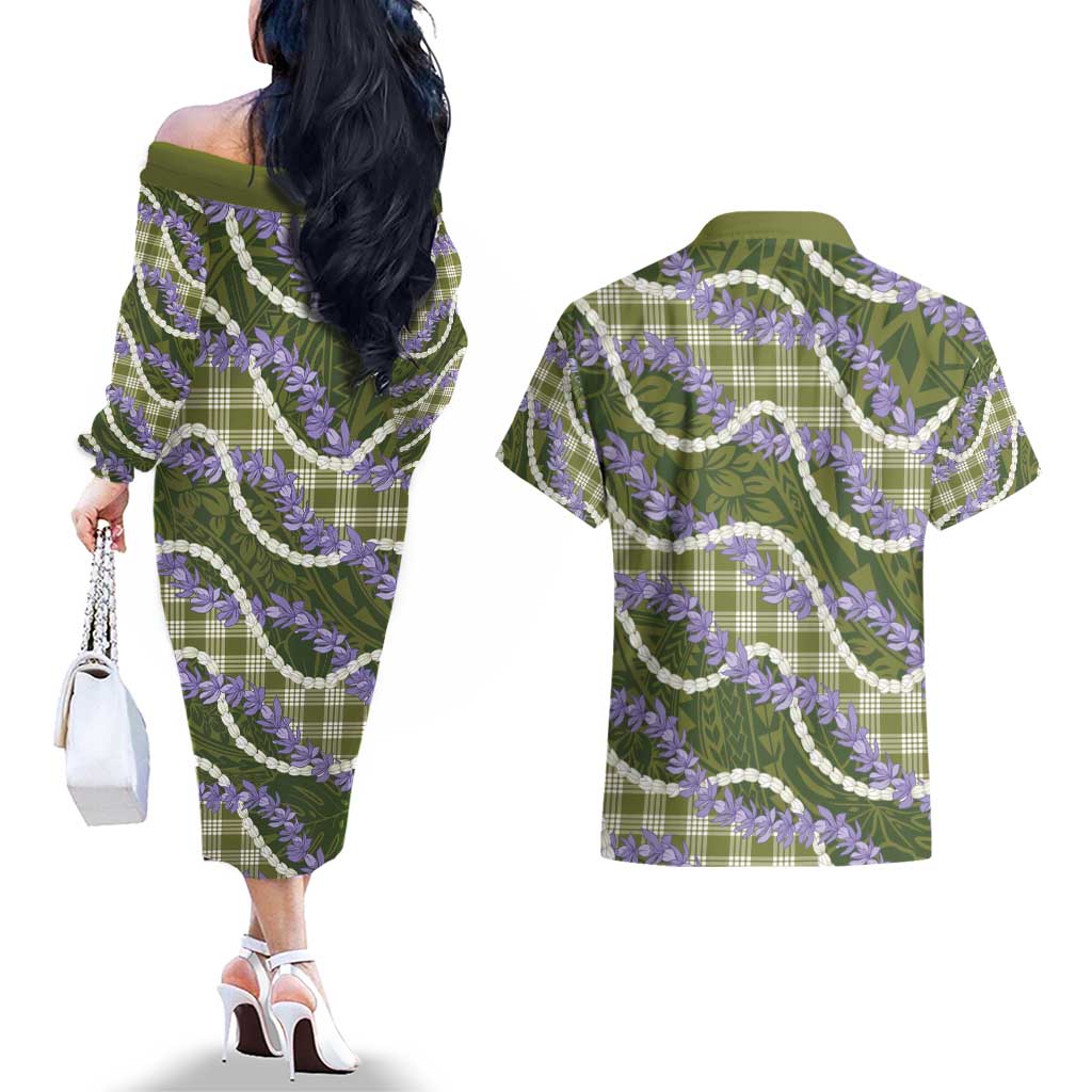 Green Hawaii Palaka Honohono Pikake Couples Matching Off The Shoulder Long Sleeve Dress and Hawaiian Shirt Hawaiian Orchid Lei Polynesian Pattern - Polynesian Pride