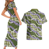 Green Hawaii Palaka Honohono Pikake Couples Matching Short Sleeve Bodycon Dress and Hawaiian Shirt Hawaiian Orchid Lei Polynesian Pattern - Polynesian Pride