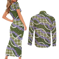Green Hawaii Palaka Honohono Pikake Couples Matching Short Sleeve Bodycon Dress and Long Sleeve Button Shirt Hawaiian Orchid Lei Polynesian Pattern - Polynesian Pride