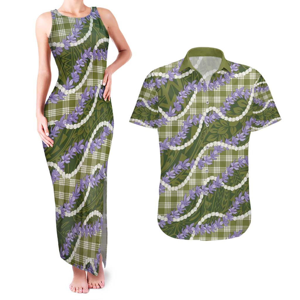 Green Hawaii Palaka Honohono Pikake Couples Matching Tank Maxi Dress and Hawaiian Shirt Hawaiian Orchid Lei Polynesian Pattern - Polynesian Pride