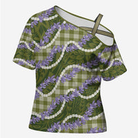 Green Hawaii Palaka Honohono Pikake Cross Shoulder Shirt Hawaiian Orchid Lei Polynesian Pattern - Polynesian Pride