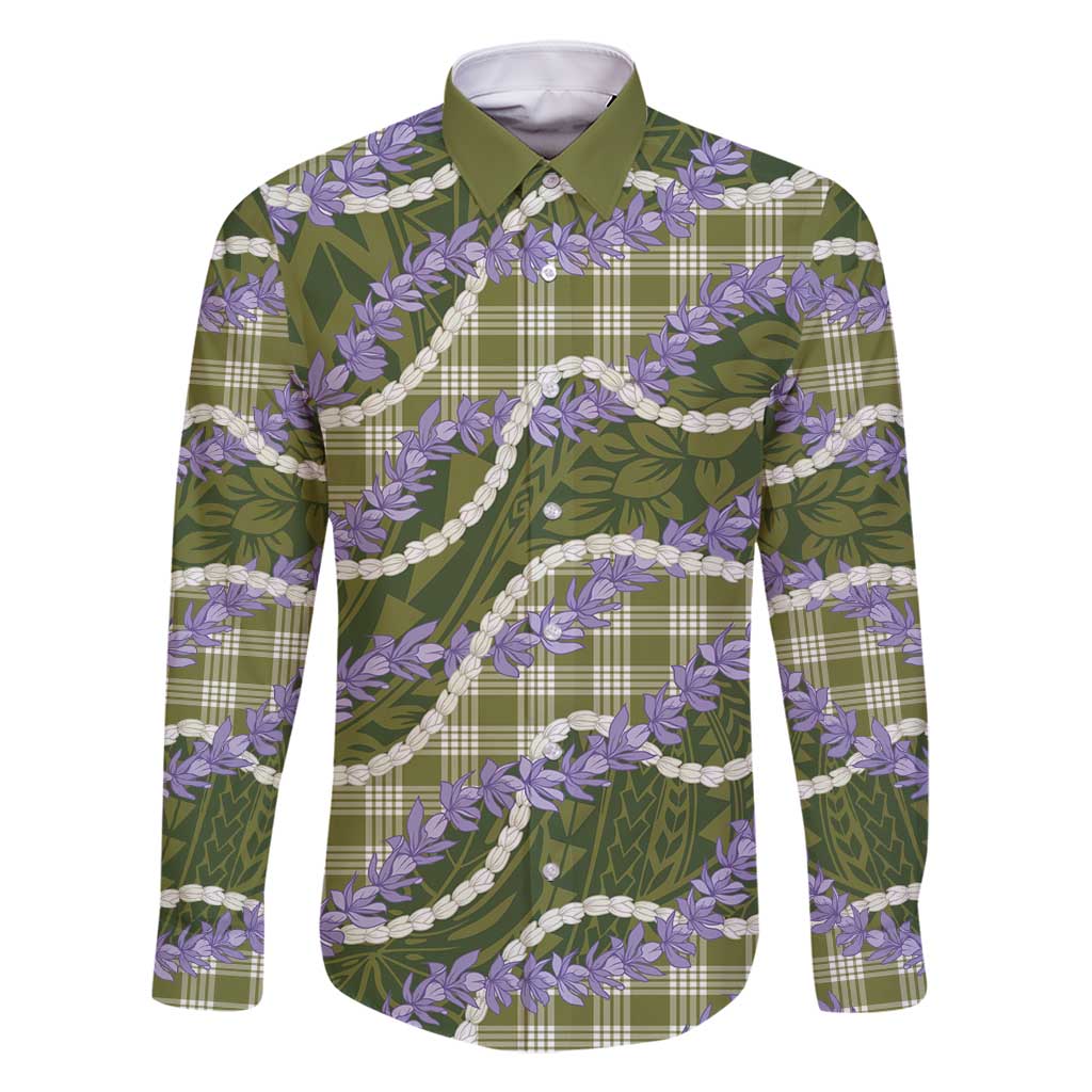 Green Hawaii Palaka Honohono Pikake Family Matching Long Sleeve Bodycon Dress and Hawaiian Shirt Hawaiian Orchid Lei Polynesian Pattern - Polynesian Pride