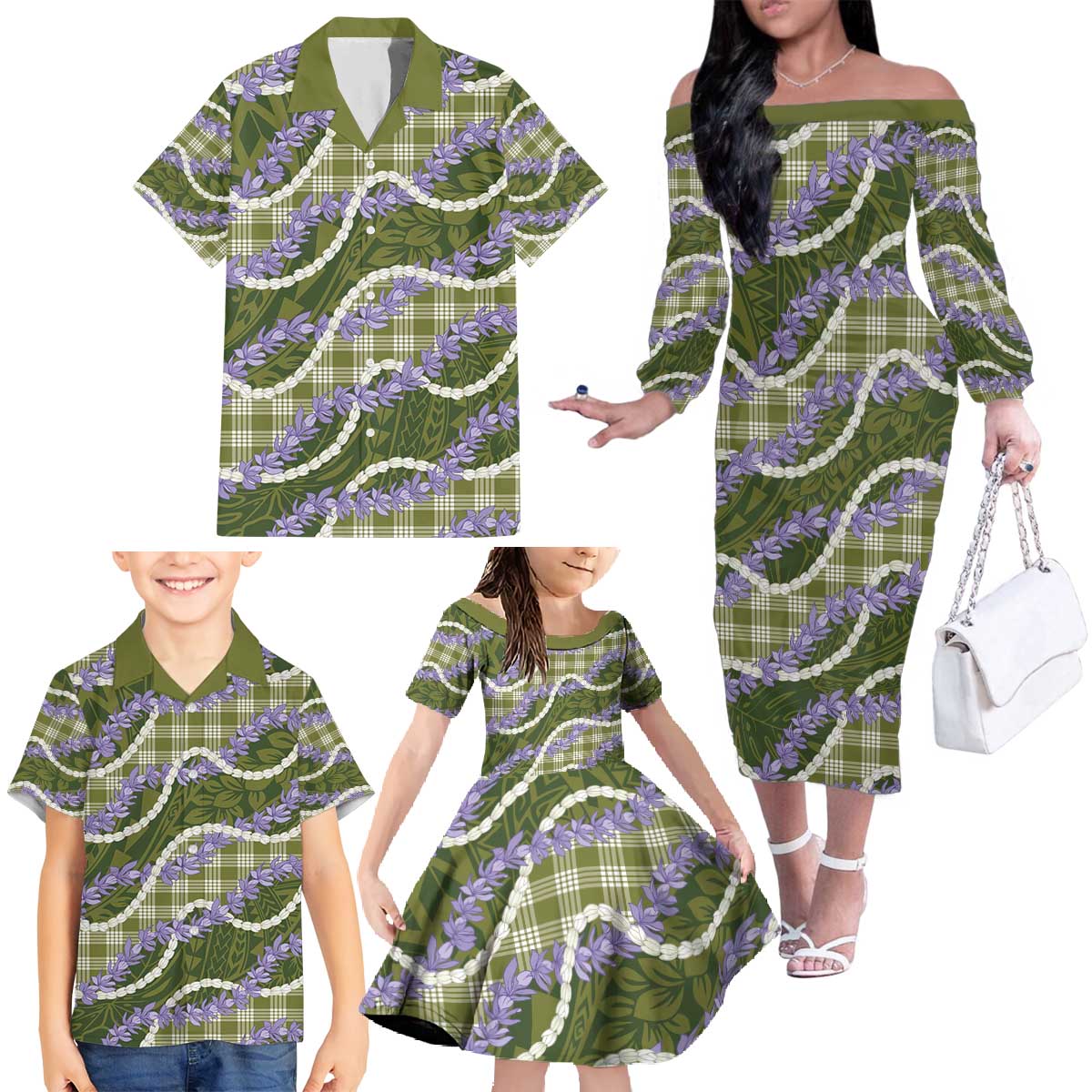 Green Hawaii Palaka Honohono Pikake Family Matching Off The Shoulder Long Sleeve Dress and Hawaiian Shirt Hawaiian Orchid Lei Polynesian Pattern - Polynesian Pride