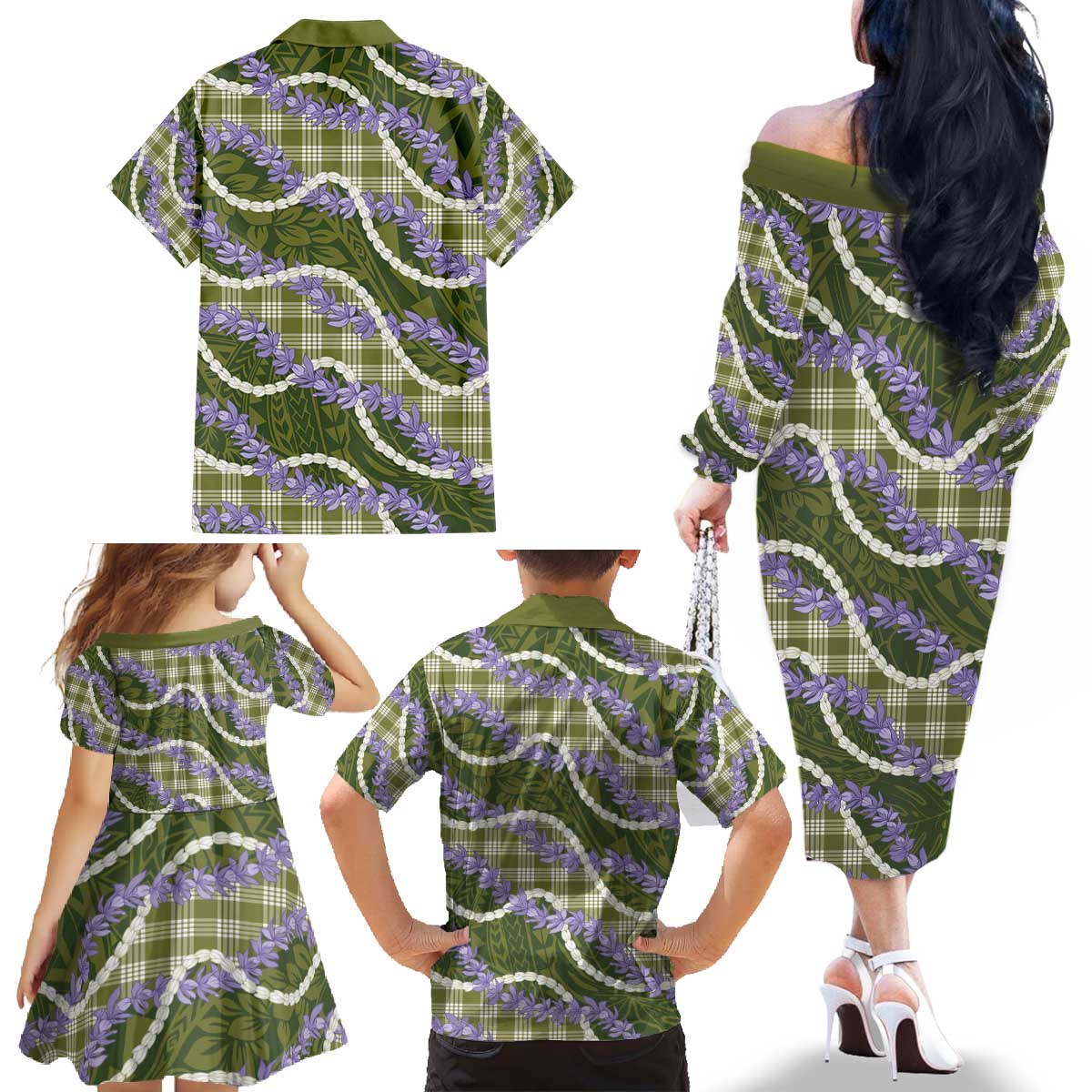 Green Hawaii Palaka Honohono Pikake Family Matching Off The Shoulder Long Sleeve Dress and Hawaiian Shirt Hawaiian Orchid Lei Polynesian Pattern - Polynesian Pride