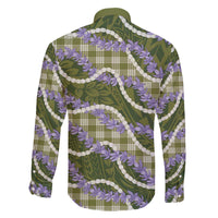 Green Hawaii Palaka Honohono Pikake Family Matching Off The Shoulder Long Sleeve Dress and Hawaiian Shirt Hawaiian Orchid Lei Polynesian Pattern - Polynesian Pride