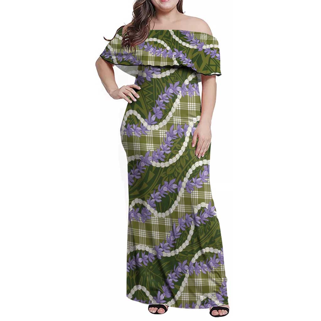 Green Hawaii Palaka Honohono Pikake Family Matching Off Shoulder Maxi Dress and Hawaiian Shirt Hawaiian Orchid Lei Polynesian Pattern - Polynesian Pride