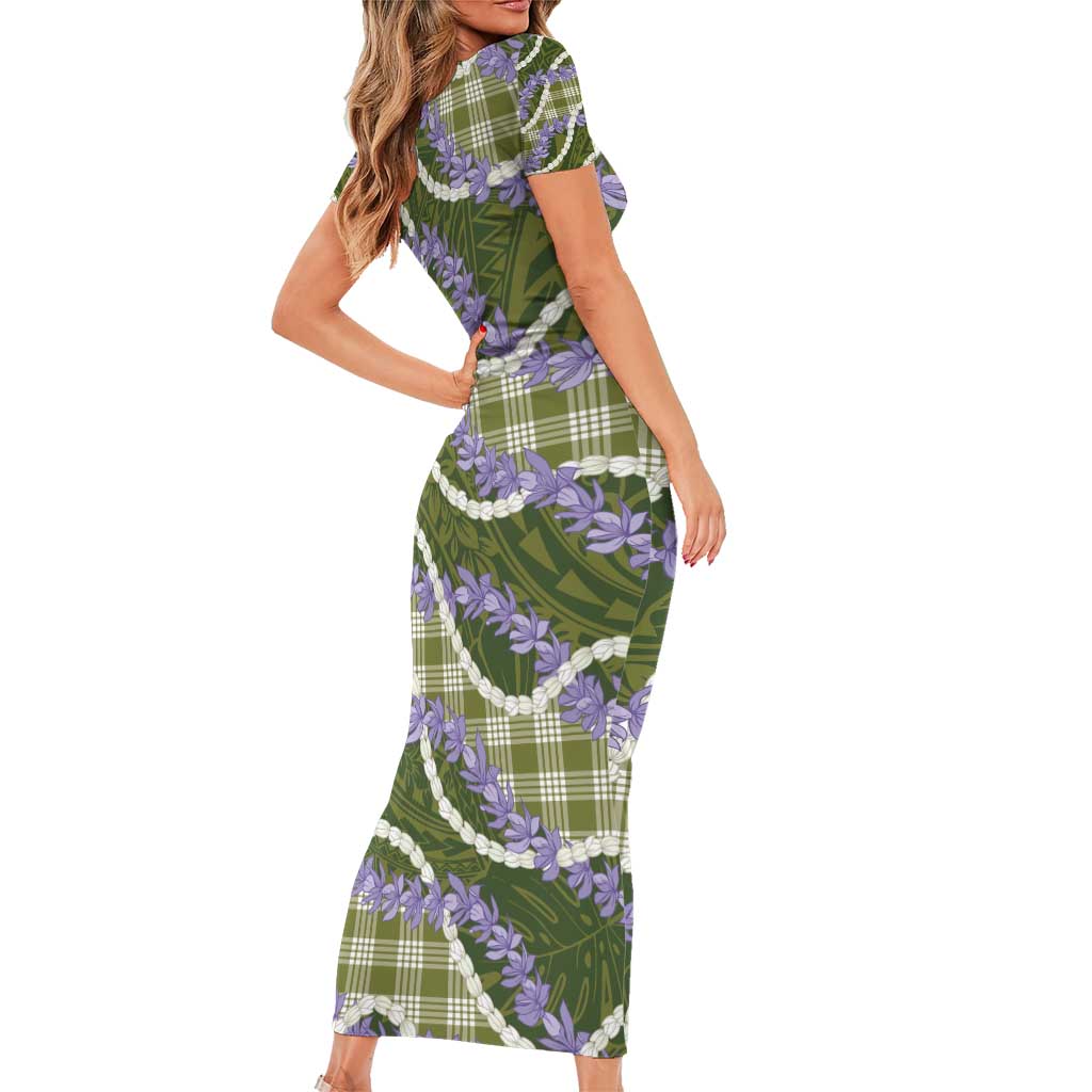 Green Hawaii Palaka Honohono Pikake Family Matching Short Sleeve Bodycon Dress and Hawaiian Shirt Hawaiian Orchid Lei Polynesian Pattern - Polynesian Pride