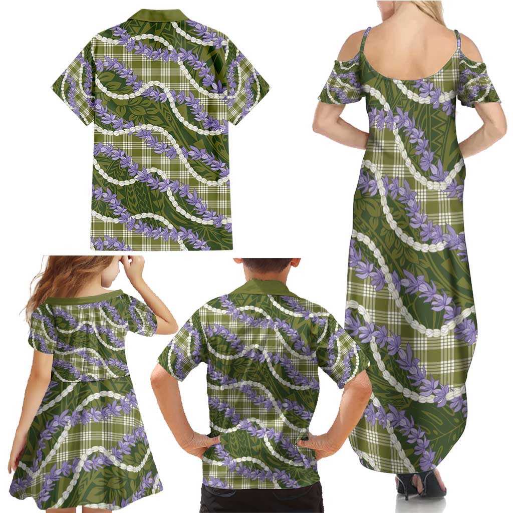 Green Hawaii Palaka Honohono Pikake Family Matching Summer Maxi Dress and Hawaiian Shirt Hawaiian Orchid Lei Polynesian Pattern - Polynesian Pride