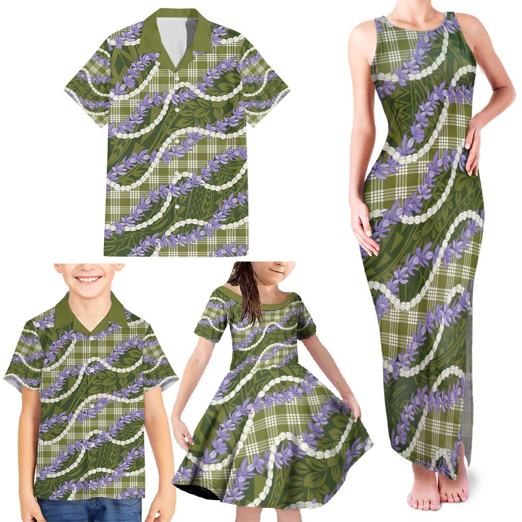 Green Hawaii Palaka Honohono Pikake Family Matching Tank Maxi Dress and Hawaiian Shirt Hawaiian Orchid Lei Polynesian Pattern - Polynesian Pride