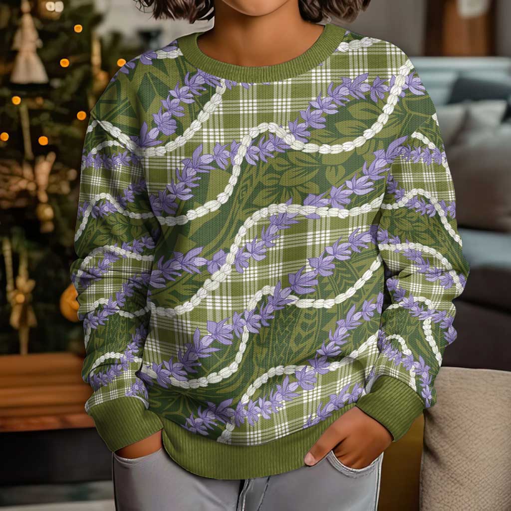 Green Hawaii Palaka Honohono Pikake Kid Ugly Christmas Sweater Hawaiian Orchid Lei Polynesian Pattern - Polynesian Pride