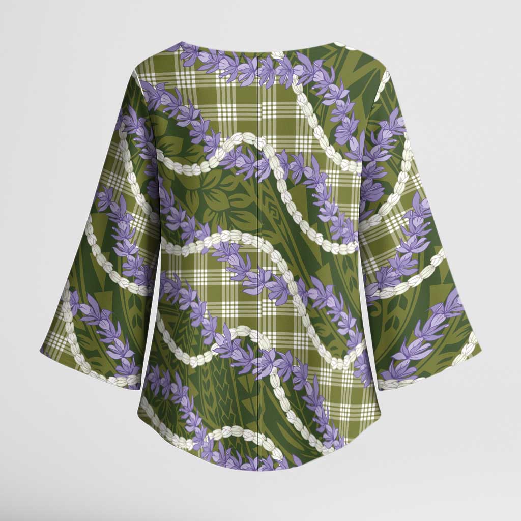Green Hawaii Palaka Honohono Pikake Kimono Sleeve Blouse Hawaiian Orchid Lei Polynesian Pattern - Polynesian Pride