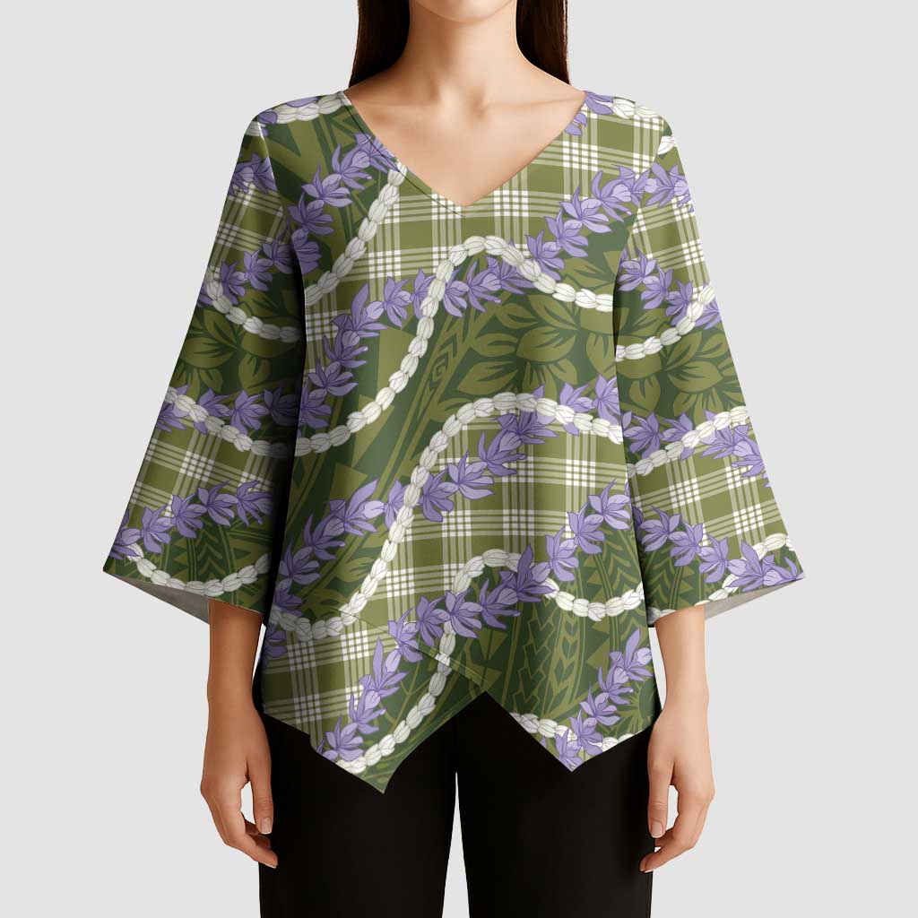 Green Hawaii Palaka Honohono Pikake Kimono Sleeve Blouse Hawaiian Orchid Lei Polynesian Pattern - Polynesian Pride