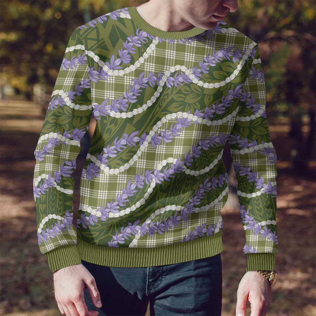 Green Hawaii Palaka Honohono Pikake Ugly Christmas Sweater Hawaiian Orchid Lei Polynesian Pattern - Polynesian Pride