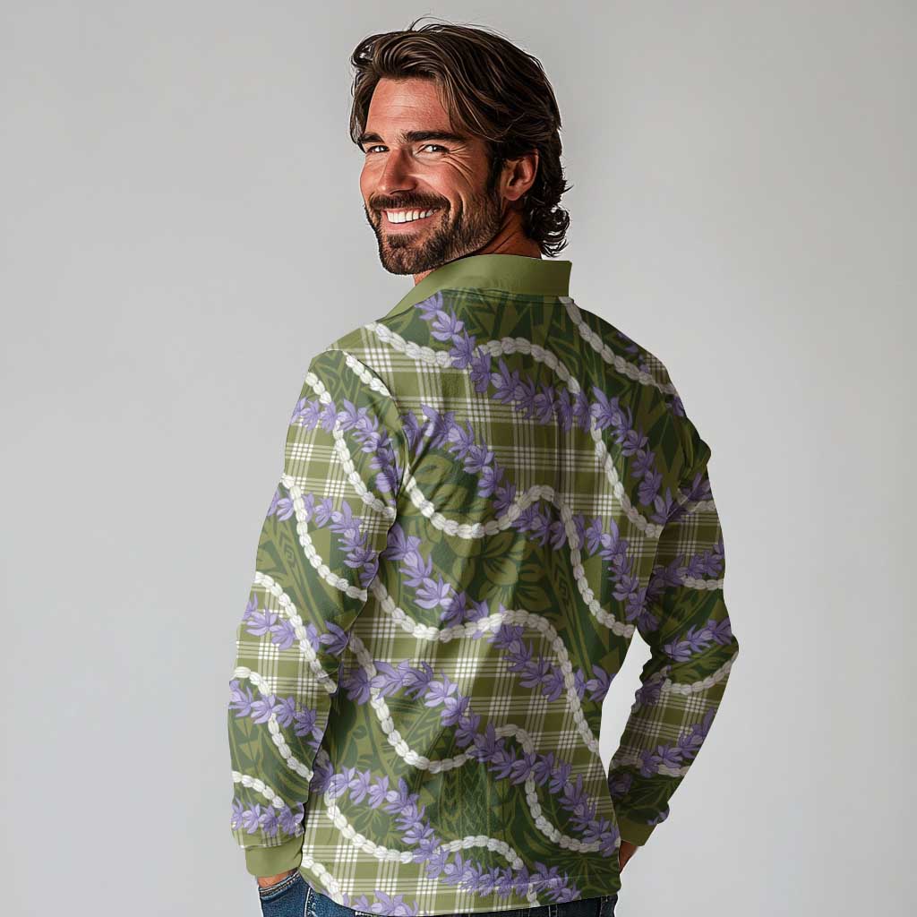 Green Hawaii Palaka Honohono Pikake Long Sleeve Polo Shirt Hawaiian Orchid Lei Polynesian Pattern - Polynesian Pride