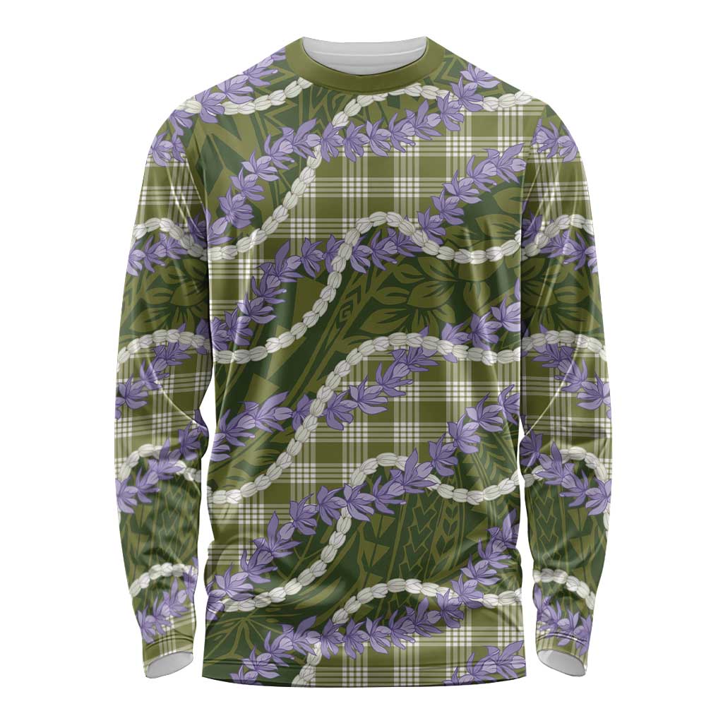Green Hawaii Palaka Honohono Pikake Long Sleeve Shirt Hawaiian Orchid Lei Polynesian Pattern - Polynesian Pride