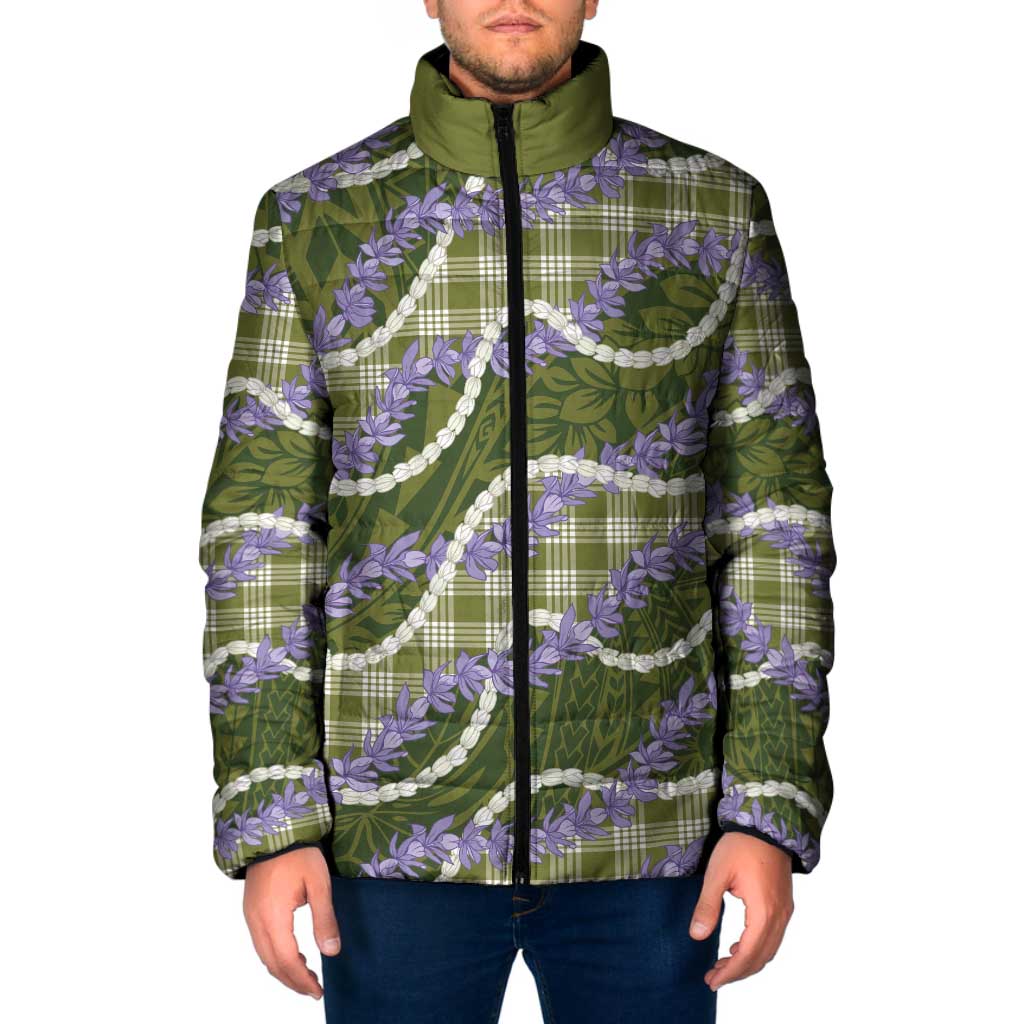 Green Hawaii Palaka Honohono Pikake Padded Jacket Hawaiian Orchid Lei Polynesian Pattern - Polynesian Pride