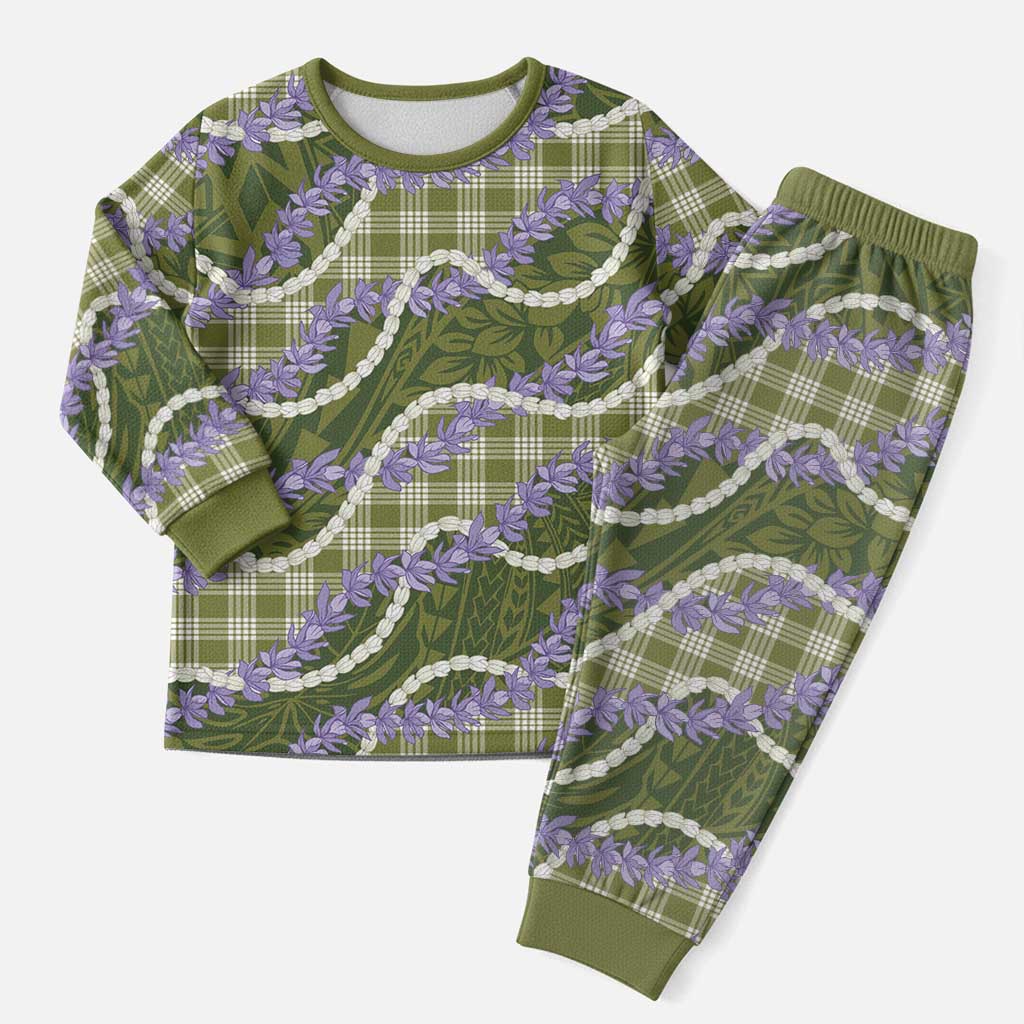 Green Hawaii Palaka Honohono Pikake Christmas Pajama Set Hawaiian Orchid Lei Polynesian Pattern - Polynesian Pride