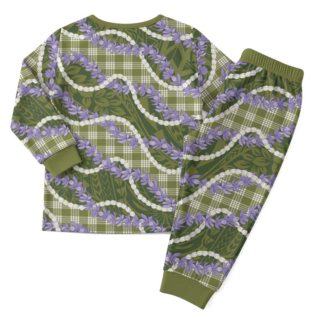 Green Hawaii Palaka Honohono Pikake Christmas Pajama Set Hawaiian Orchid Lei Polynesian Pattern - Polynesian Pride