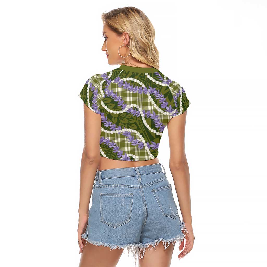 Green Hawaii Palaka Honohono Pikake Raglan Cropped T Shirt Hawaiian Orchid Lei Polynesian Pattern - Polynesian Pride