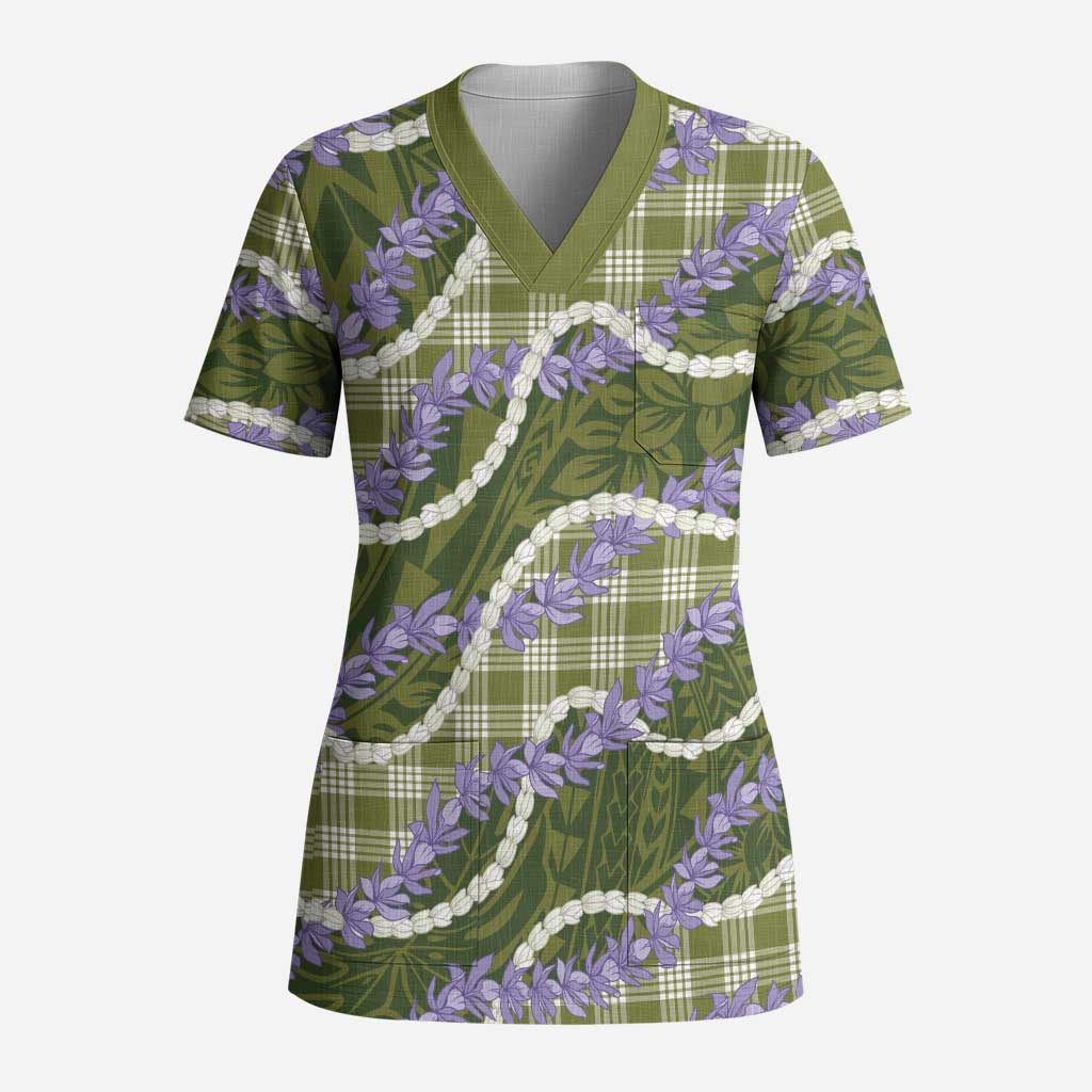 Green Hawaii Palaka Honohono Pikake Scrub Top Hawaiian Orchid Lei Polynesian Pattern - Polynesian Pride