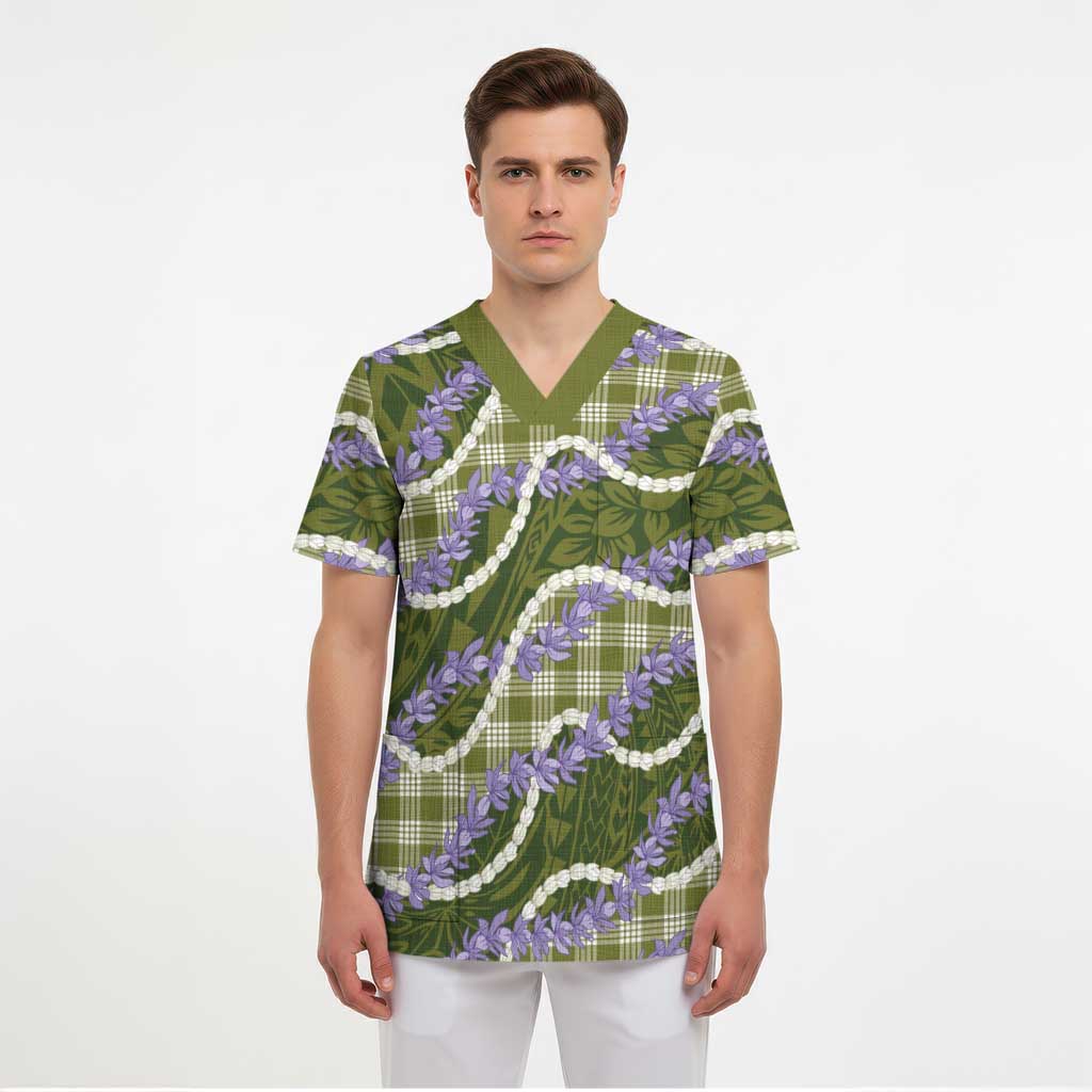 Green Hawaii Palaka Honohono Pikake Scrub Top Hawaiian Orchid Lei Polynesian Pattern - Polynesian Pride