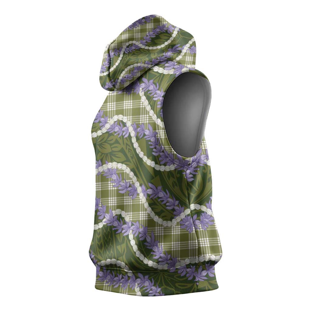 Green Hawaii Palaka Honohono Pikake Sleeveless Hoodie Hawaiian Orchid Lei Polynesian Pattern - Polynesian Pride