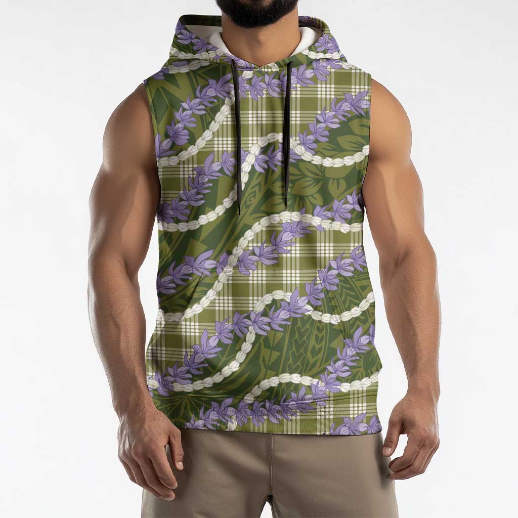 Green Hawaii Palaka Honohono Pikake Sleeveless Hoodie Hawaiian Orchid Lei Polynesian Pattern - Polynesian Pride