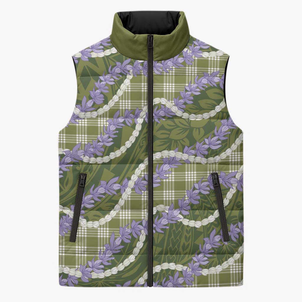 Green Hawaii Palaka Honohono Pikake Sleeveless Puffer Jacket Hawaiian Orchid Lei Polynesian Pattern - Polynesian Pride