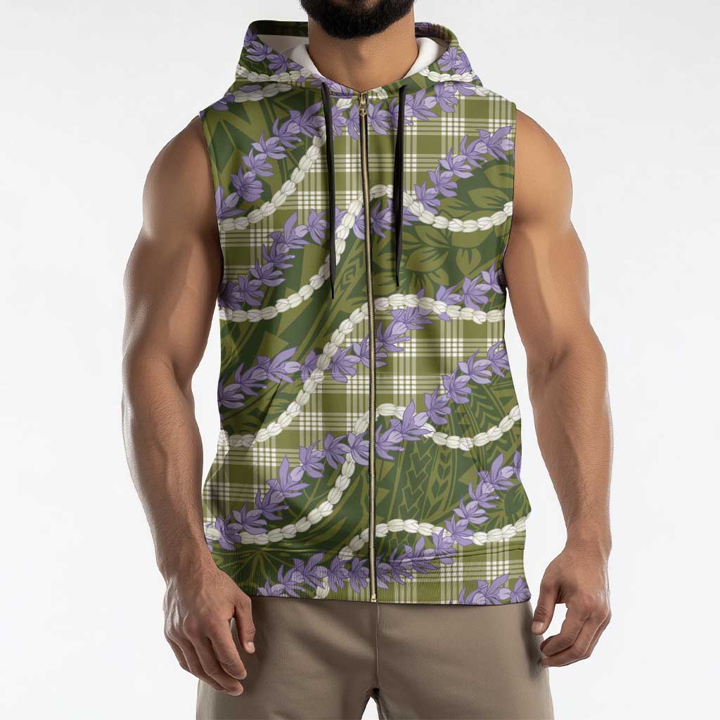 Green Hawaii Palaka Honohono Pikake Sleeveless Zip Hoodie Hawaiian Orchid Lei Polynesian Pattern - Polynesian Pride