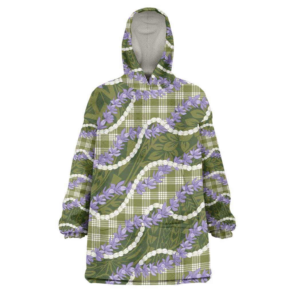Green Hawaii Palaka Honohono Pikake Wearable Blanket Hoodie Hawaiian Orchid Lei Polynesian Pattern - Polynesian Pride