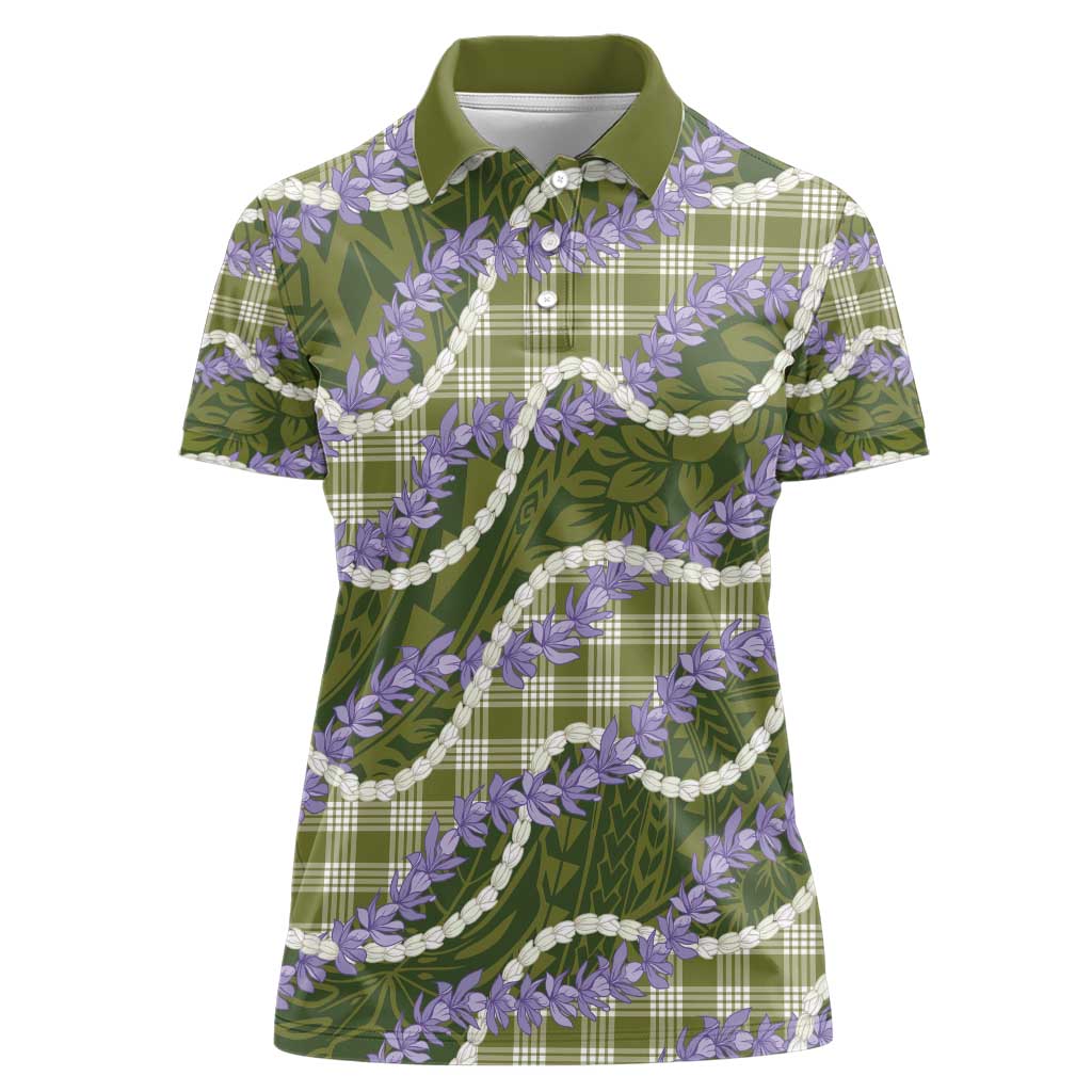 Green Hawaii Palaka Honohono Pikake Women Polo Shirt Hawaiian Orchid Lei Polynesian Pattern - Polynesian Pride